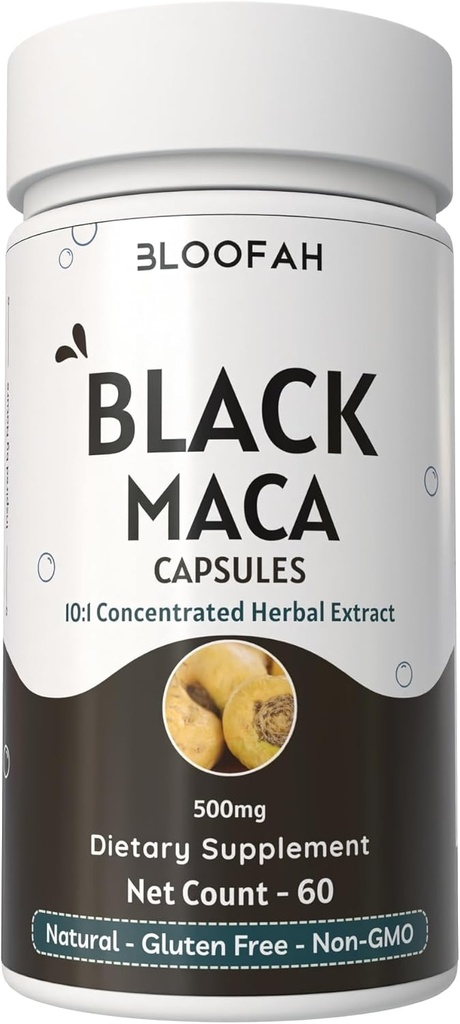 Black Maca Capsules 500mg → 10:1 抽取粉末 → 集中草药补充 → 非GMO, Gluten-Free, Maca根抽取 → Premium Herbal 营养(60 Counter (Pack of 1)).