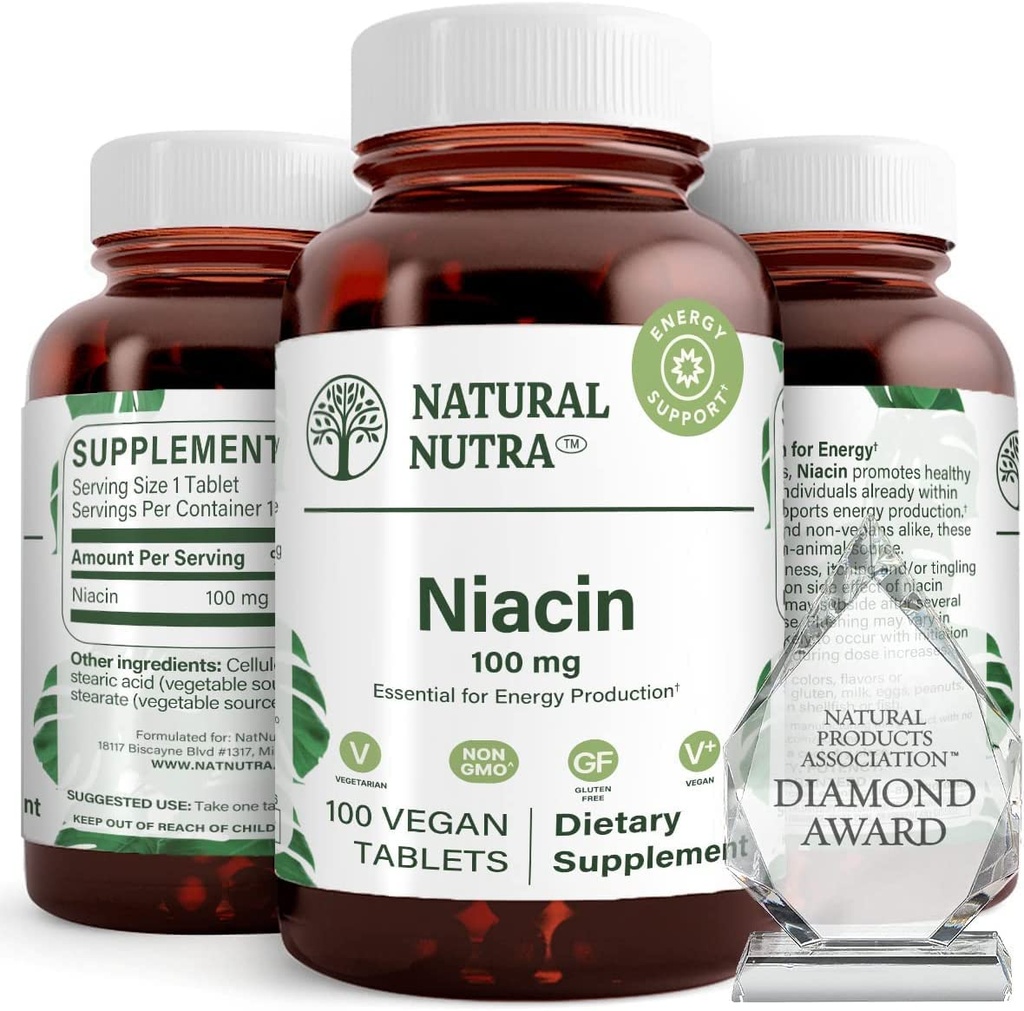 Natural Nutra Niacin 能源补充剂,帮助维持体脂肪,改进文摘,促进皮肤健康,靴子能量和脑功能,非GMO,无葡萄糖,100毫克,100片(包2)