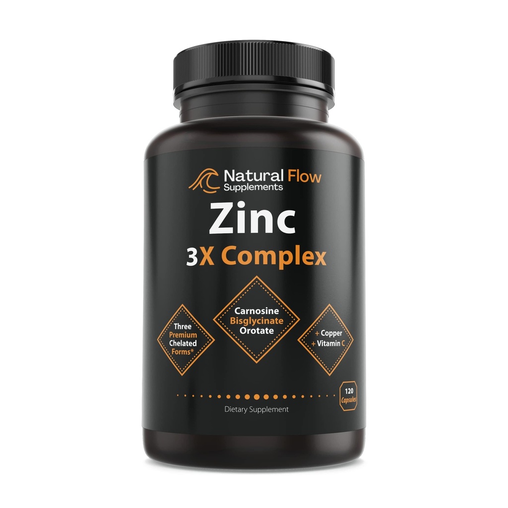 锌与青铜和维生素C的复合物——天然流3X 锌卡诺辛,比斯利茨切拉特,以及奥罗塔特,切拉底铜,胃、皮肤和免疫支持上的易耗,120卡普尔