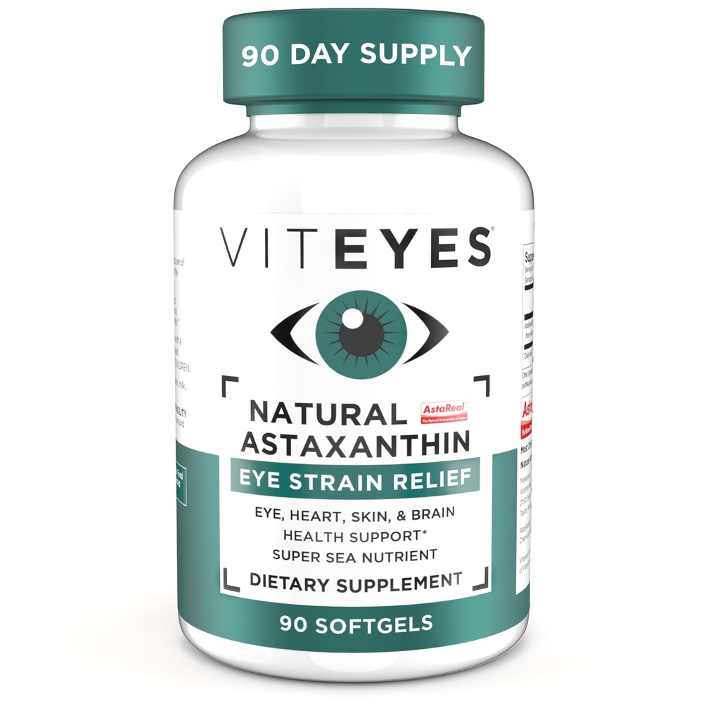 Viteyes Natural Astaxanthin, Relieve 疲倦的眼睛和眼纹,来源于藻类,皮肤水分,心脏和脑健康,4至8毫克 Natural Astaxanthin, 90软胶