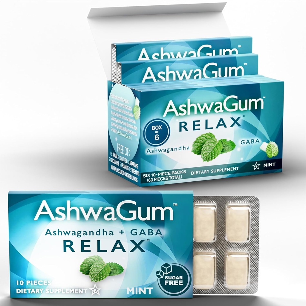 AshwaGum RELAX Gum by BetterGum, 与KSM 66 Ashwagandha 和 Gaba 的 " 高潜力 " 补编, " 支持压力和焦虑救济 " 、 " 科尔蒂索尔支助 " 、 " 古米替代品 " 、 " 无糖 " 、 " 10块 -- -- 6包 "
