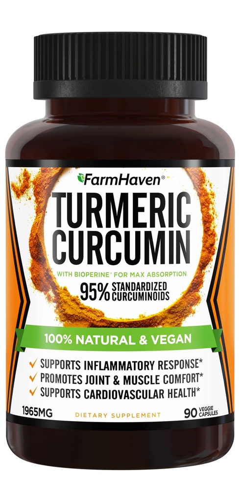Turmeric Curcumin with BioPerine Black Pepper & 95% Curcuminoids, 1965mg, 最大吸收联合支持,非GMO Turmeric Capsules, 在美国制造 - 90 Veg Caps