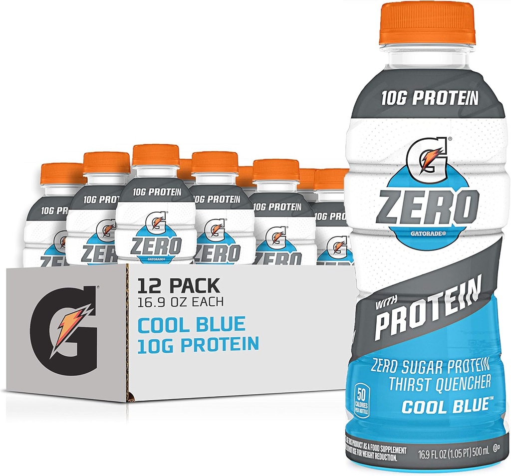 Gatorade Zero with protein, 10g Whey 蛋白质隔离剂, 零糖, 素食, 液态电解剂, 酷蓝, 16.9 Fl Oz瓶, 12 Pack