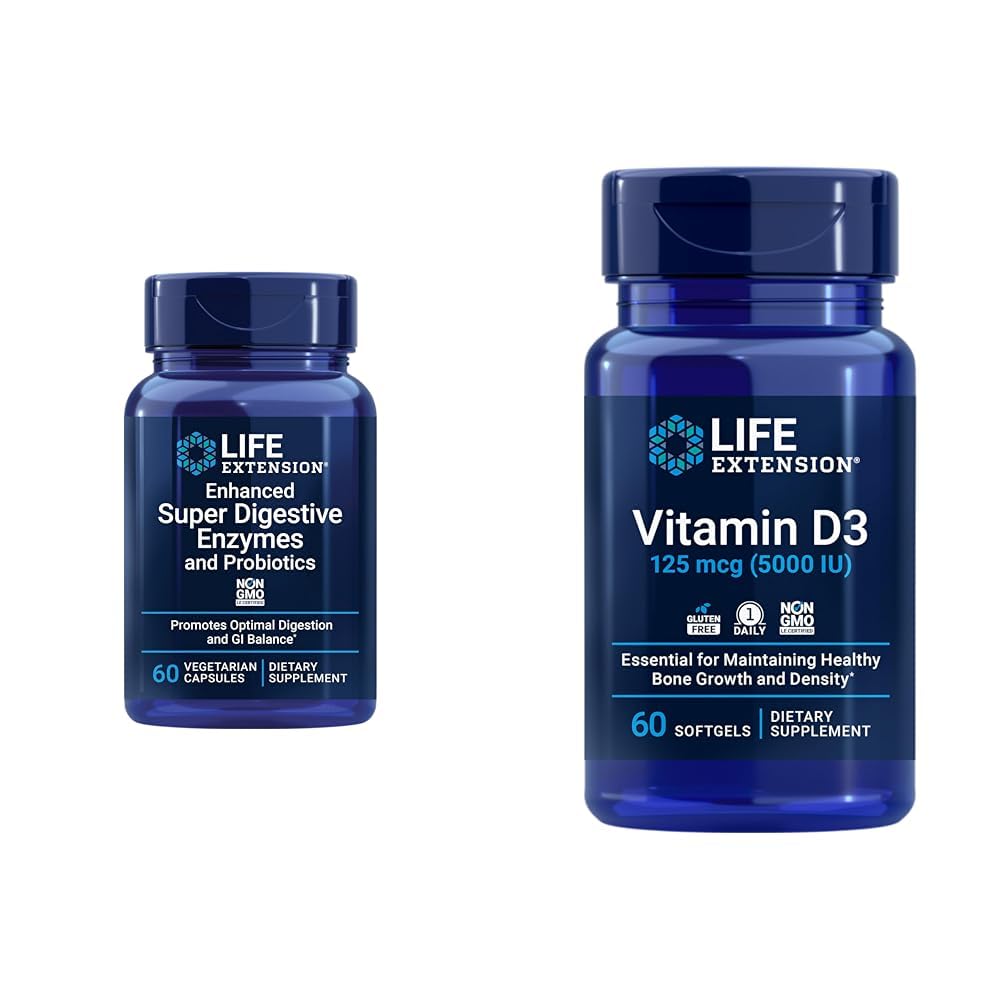 寿命延长 60-超级消化酶 & 5000 IU 维生素 D3 Capsules 用于消化,骨,脑,免疫健康