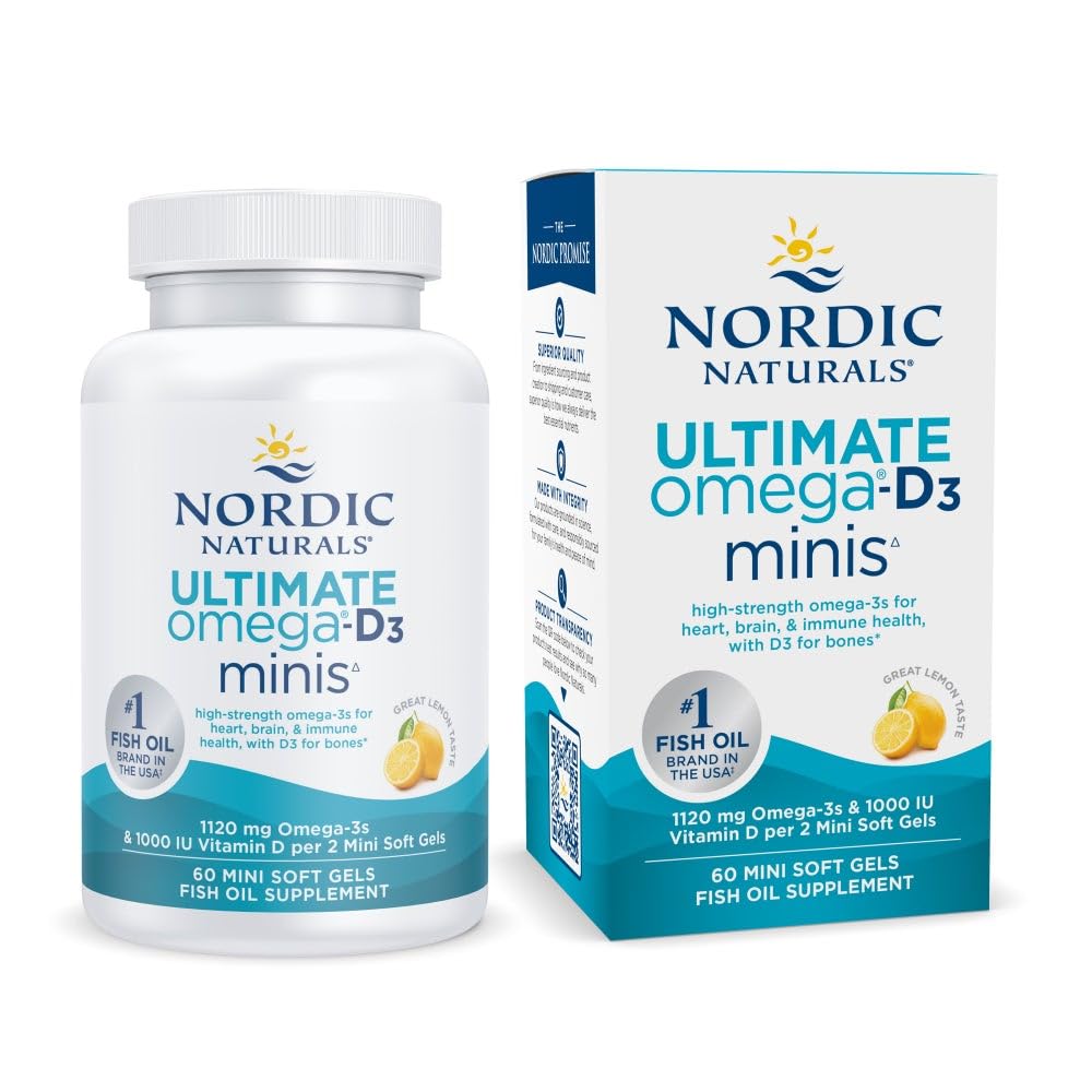 北欧自然界终极奥米加迷你D3,柠檬火焰-60 迷你软宝石-1120 mg Omega-3 + 1000 IU维生素D3 - EPA & DHA - 促进大脑和心脏健康 - 30 服务