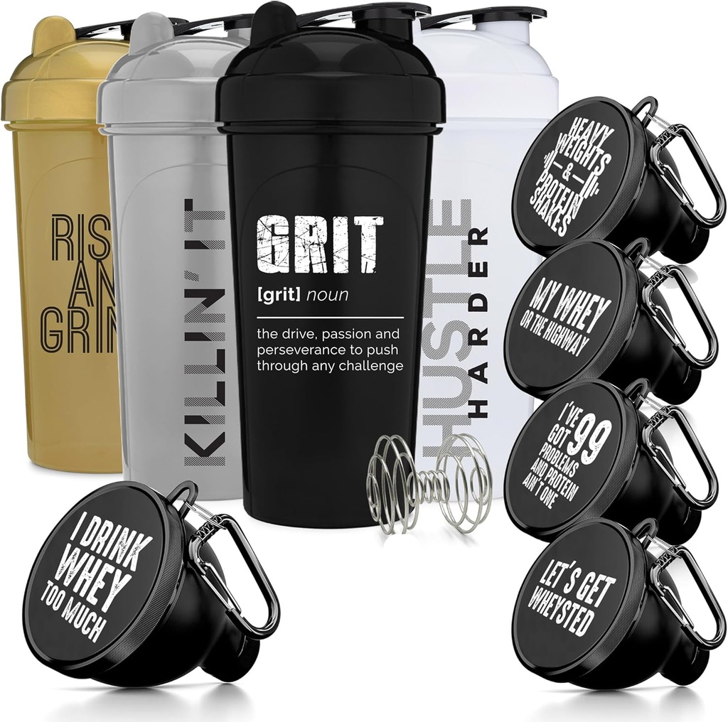 GOMOYO 适配包 - 4-Pack 摇摆瓶带Agitator + 5-Pack 蛋白质漏斗带武警,BPA-Free & Dishwasher安全
