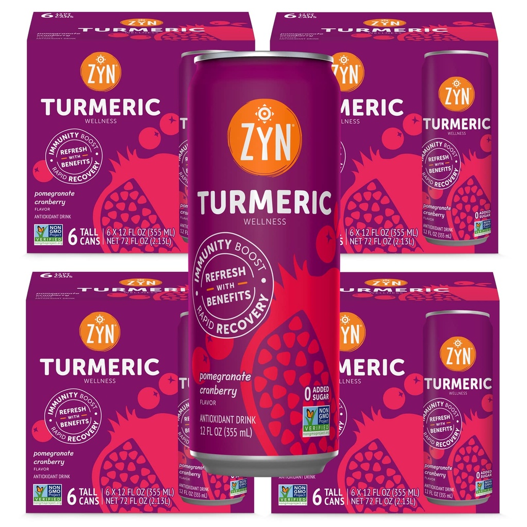 ZYN Turmeric Wellness 饮料(24 Pack),石榴汁 Cranberry Flawared Turmeric Crucumin 与黑辣椒饮料,无添加糖,低碳和低卡罗里饮料,清洁替代品