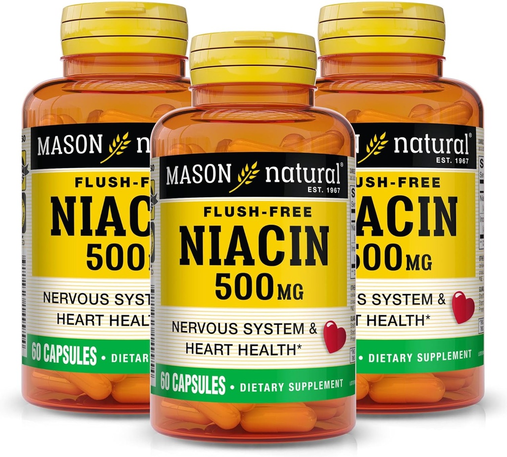 MASON NATURAL Niacin 500 mg 无氟、支持心脏健康、神经系统与能源生产,60 Capsules,包装3