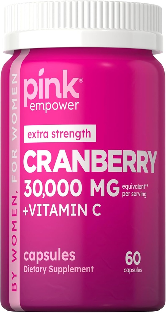 PINK Cranberry Pills for Women + 60 Capsules + 维生素 C + 非GMO & Gluten 免费提取补充 + 支持尿道切除术健康