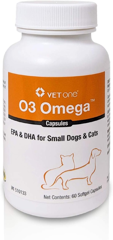 猫和小狗的VetOne O3 Omega Soft Gel - 基本脂肪酸支持 - 皮肤和煤炭补充 - 60个卡普尔