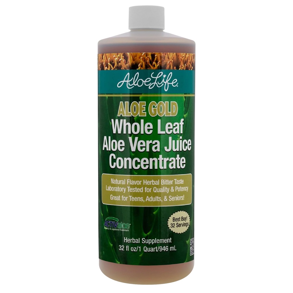 Aloe Life - 全叶 Aloe Vera Juice, 认证有机,无胶(Aloe Gold, 32 oz)