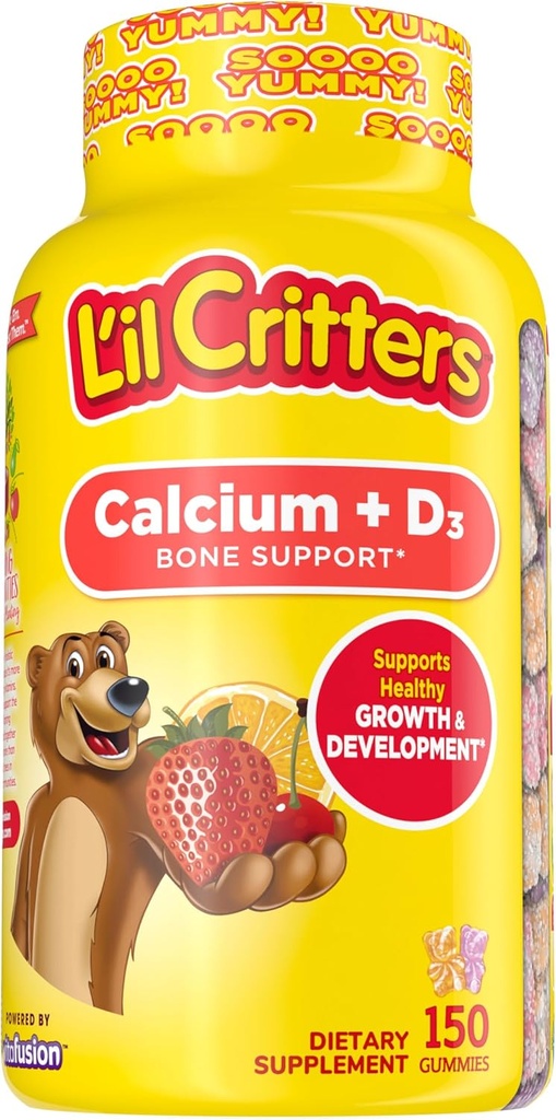 Lil Criters Calcium + D3 儿童每日Gummy 补充品,用于骨骼支持、橙色、草莓和樱桃火焰,150古米