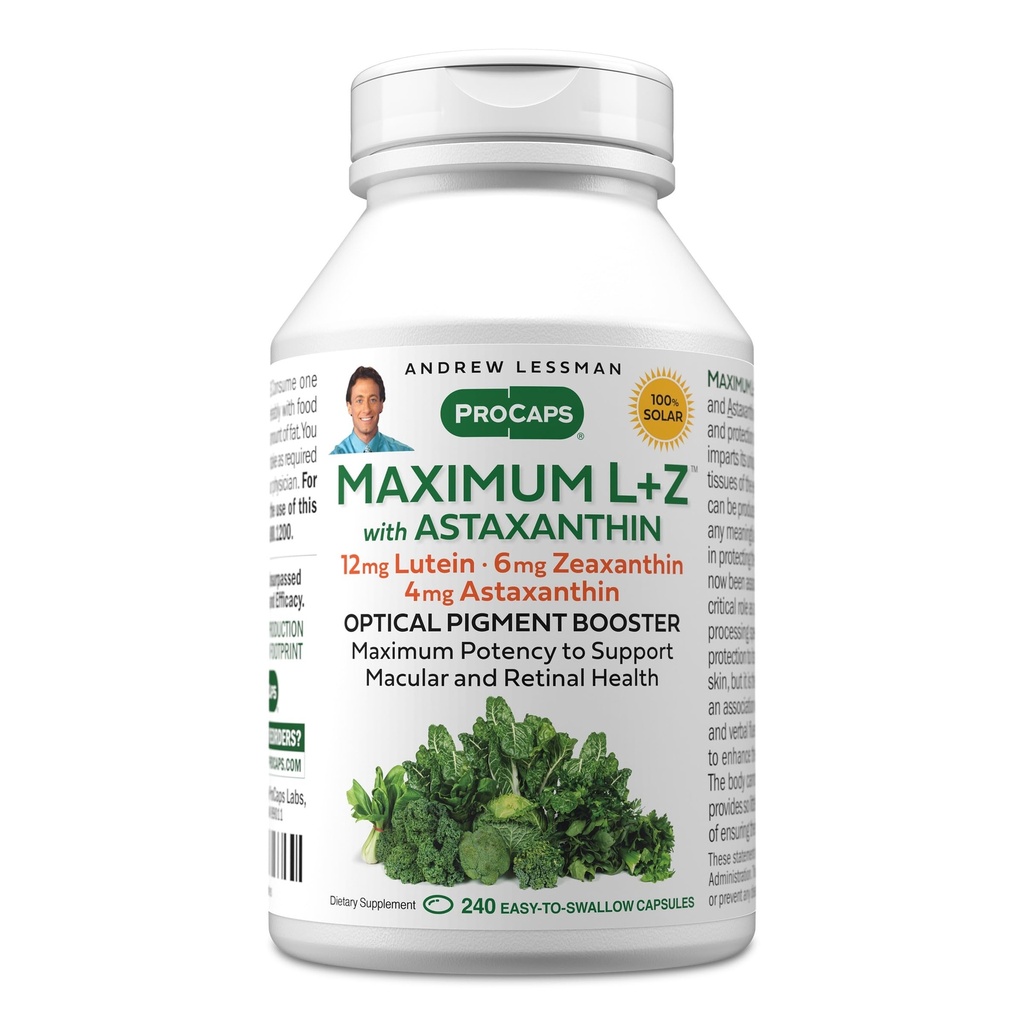 安卓·勒斯曼最大L+Z 配有Astaxanthin 240 Softgels - 12mg Lutein, 6mg Zeaxanthin, 4mg Astaxanthin. 支持眼和脑健康以及促进健康愿景的关键营养剂。