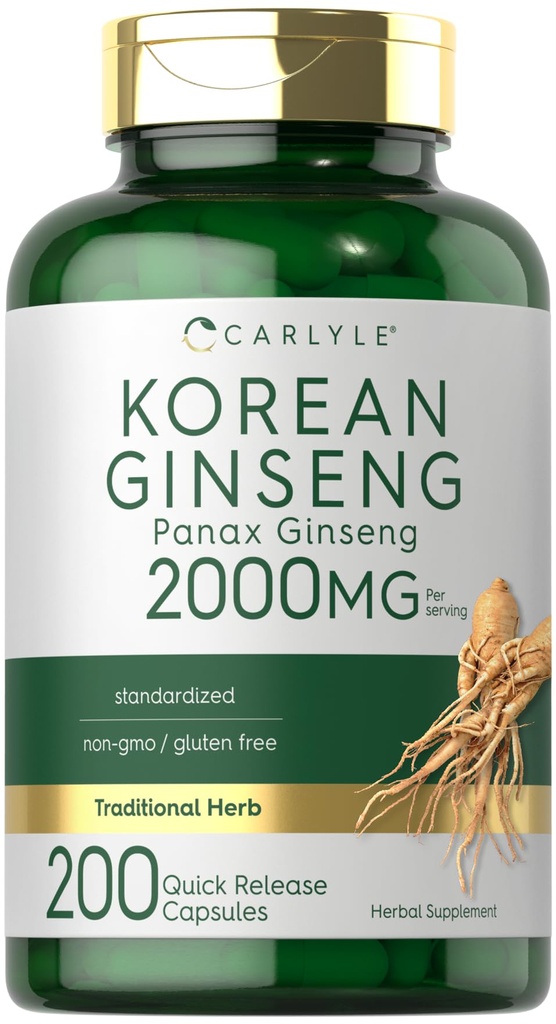Carlyle Korean Ginseng 提取卡普苏莱斯 2000 mg → 200 Capsu莱斯 → 非GMO 和 Gluten 自由公式 → 标准化的Panax Ginseng 补编