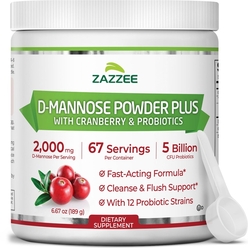 Zazzie D-Mannose Plus, 2000 mg, 67 services, potent & Fast-Action, + 5亿 CPU Probiotics and Prure Cranberry Juice Extraction, Kosher, Free Scoop, 6.5 Oz, Gluten - Free, 非GMO 全自然