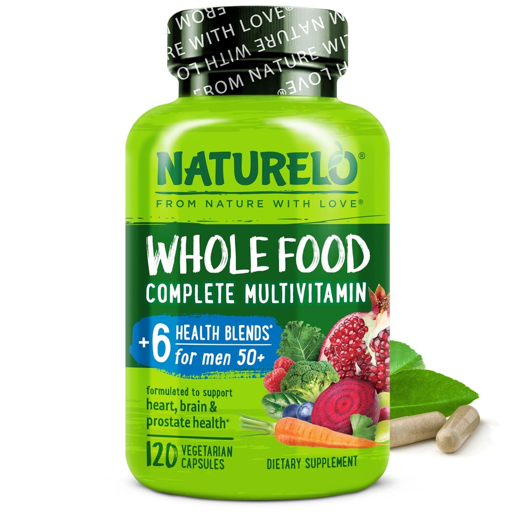 NATURELO 男子全食 多维生素 50+ - 含维生素,矿物,有机草药提取剂 - Vegan 蔬菜 - 用于能源,脑,心脏和眼部健康 - 120 胶囊