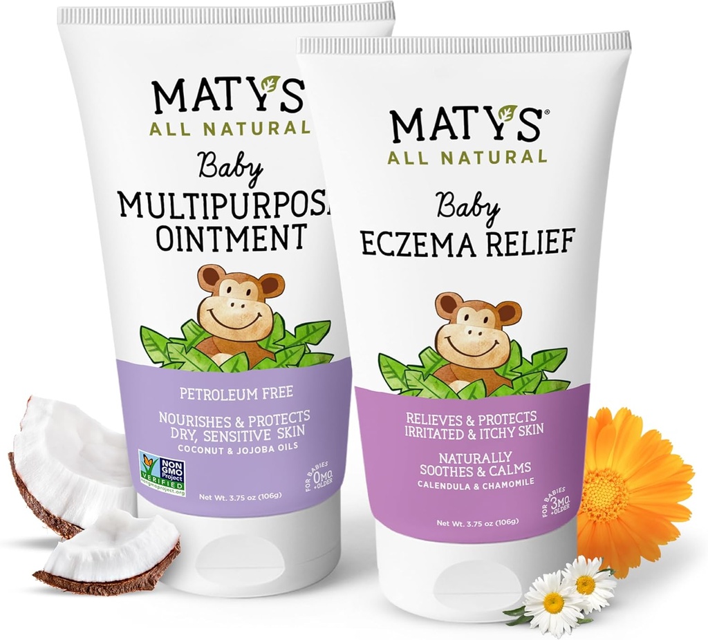 Matys Baby Eczema & 多用途 Ointment 2pk Combo for Babys 3个月+,Soothe Eczema & Nourish 干皮,Steroid/Petroleum 免费,每个管材3.75oz