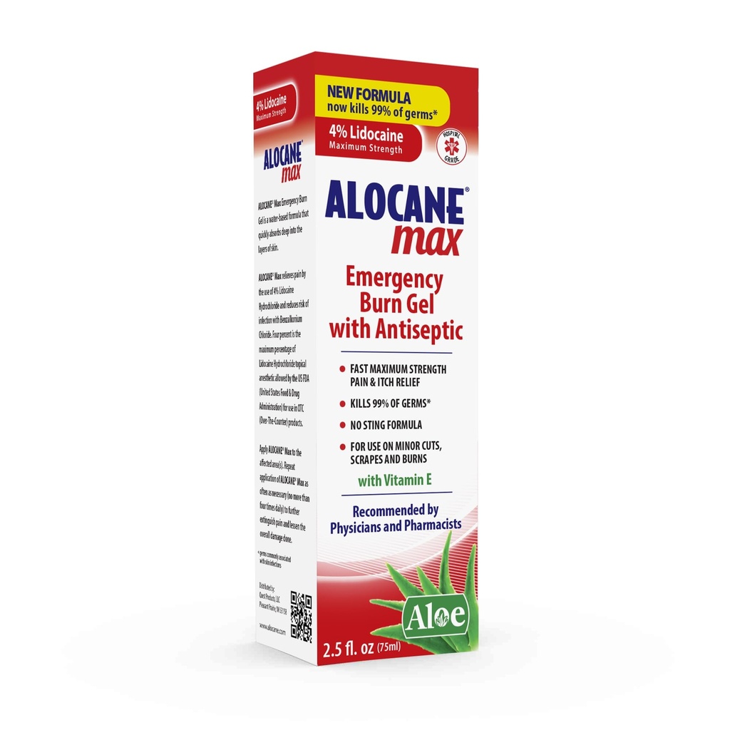 Alocane Max Emergency Burn Gel, 4% Lidocaine 氯化氢, 抗化剂杀死99%的Germs, 最大强度疼痛和减痒, 对Sunburns, 急救 Burn Gel 与 Aloe Vera – 2.5 fl oz