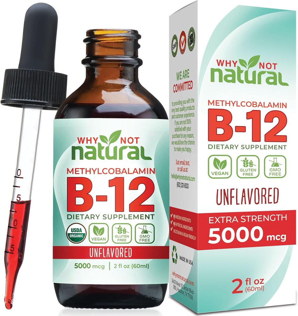 天然有机维生素B12 液体 - 副语言超强 60 x 5000 mcg 甲基Cobalamin Drops, Vegan, 最大化吸收和能量