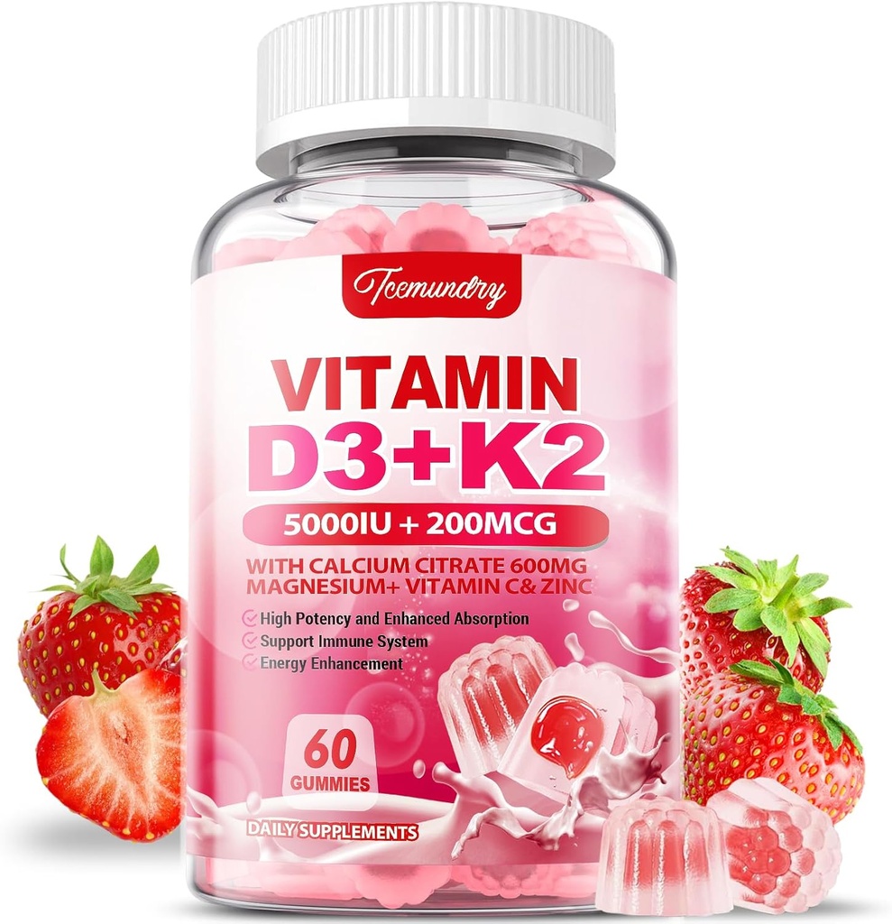 成人维生素D3 K2 补充剂 - 维生素D3 5000 IU + K2 200 mcg - VIT D3 K2 Gummys 配以钙600 mg 镁锌和维生素C 配给女性男性 - 支持B0ne,肌肉Immune