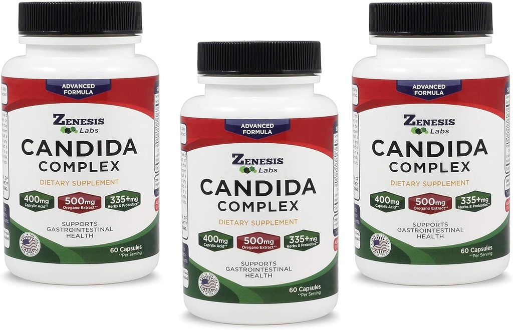 Zenesis Labs Candida Complex Cleanse Detox Caprylic Acid Supplement, Oregano 提取剂, 亲生素, 酶 - Bulk 180 Capsules, 90天供应(60 Capsules/Bottle)