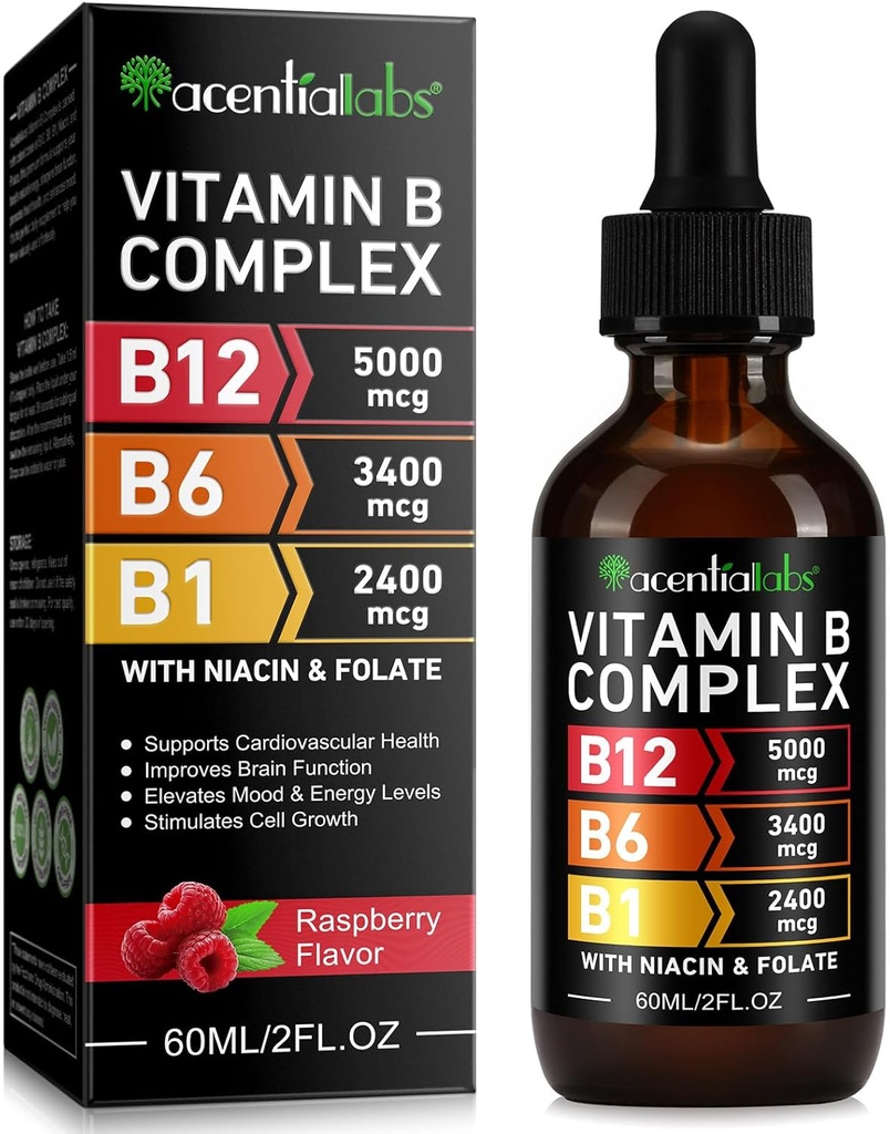 维生素B12 液体滴 - 有机维生素B12 亚语滴 - 有机维生素B-复合B5 泛神酸 - Vegan B12 亚语5000 mcg 与维生素B6,液体B12 甲基Cobalamin支持