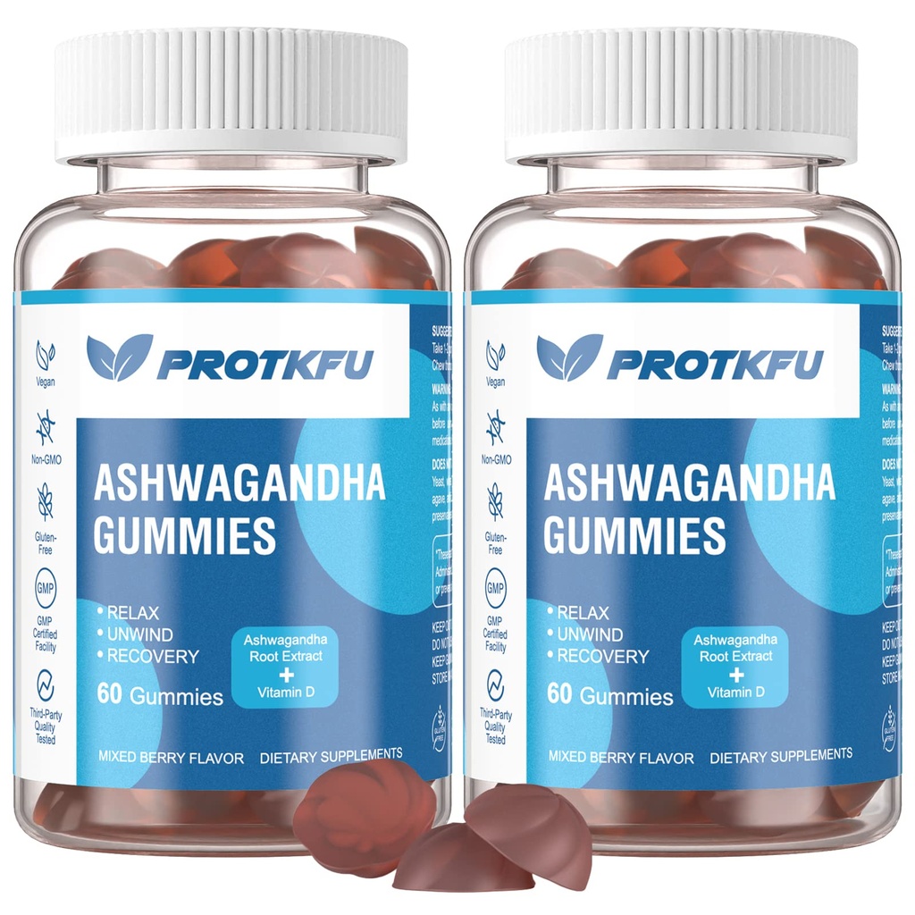 2 Pack Ashwagandha Gummys & Vitamin D3 Gummys 有机Aswangdha 改善睡眠、压力救济和Mood Calm(非GMO、无糖和无糖)