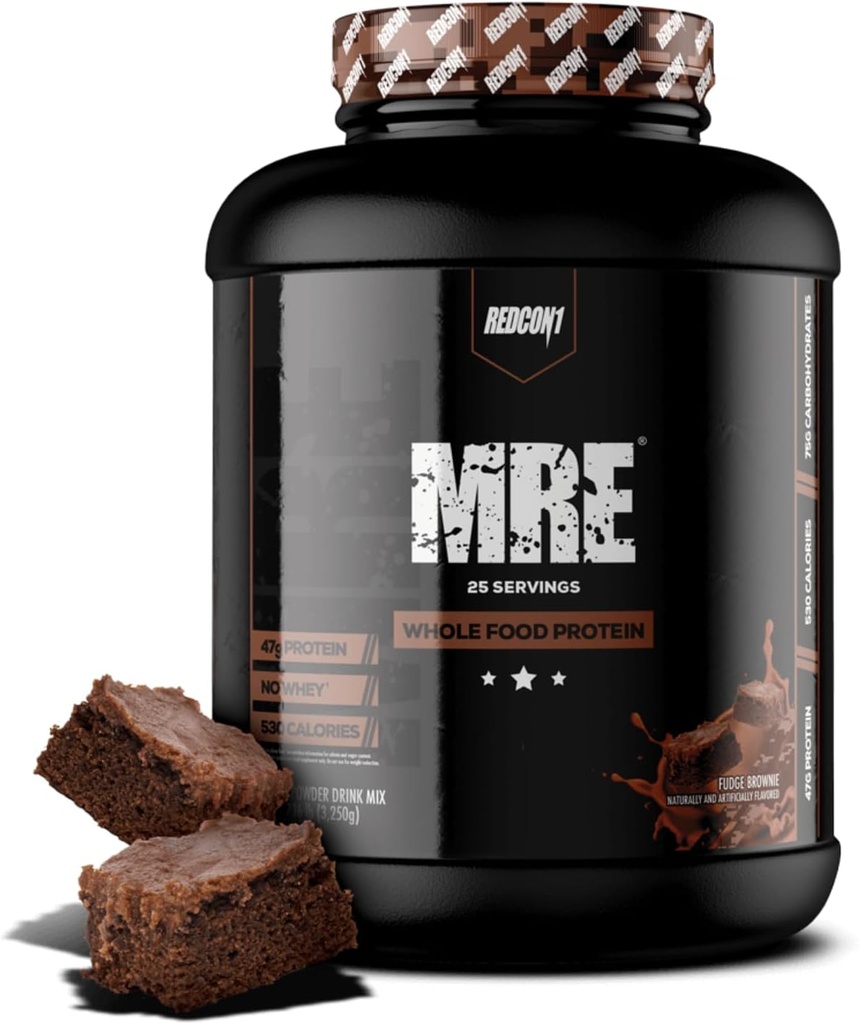 REDCON1 MRE 蛋白粉,Fudge Brownie - 用MCT 石油和全食品制成的蛋白质替代蛋白混合物 - 天然成份蛋白质,用于帮助肌肉复苏(25架)