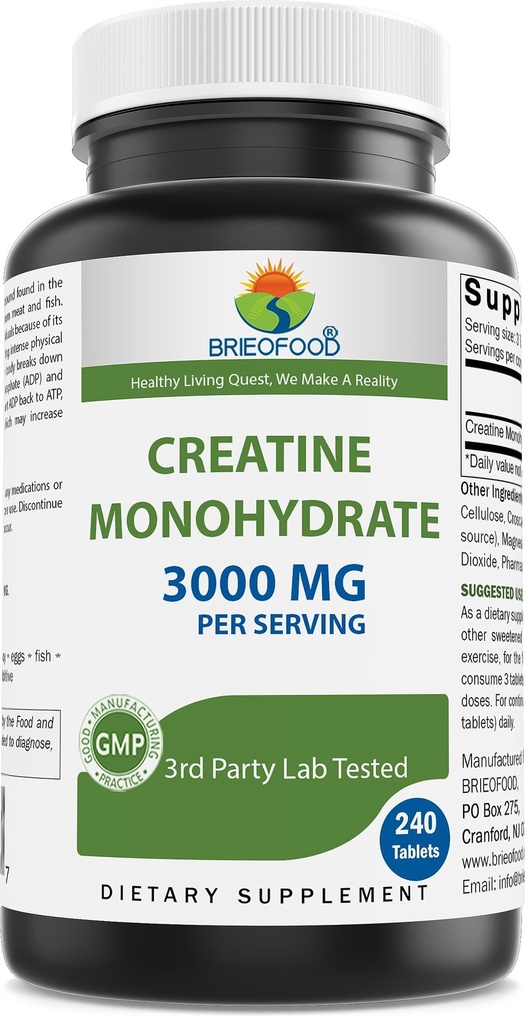 Brieofood Creatine Pills 3000 mg/ service - 240 平板电脑 - 第三方测试纯度和质量 - 帮助提高运动性能