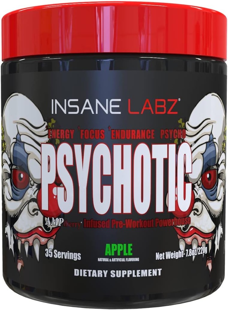 Insane Labz 精神科,高兴奋剂预研粉,极端耐久能量,与Beta Alanine,Creatine Monohydrate DMAE, 35 Srvgs (Apple) 的专注和耐久性