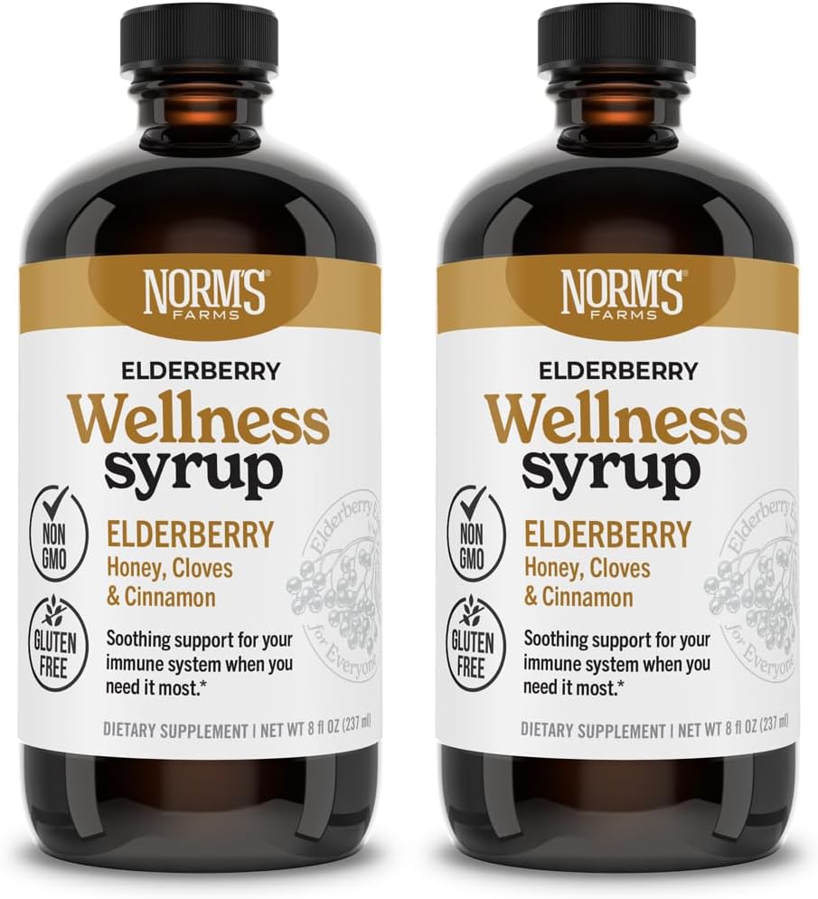 Norm's Farms Wellness Black Elderberry Syrup with Honey, Cinnamon & Cloves - 在美国制造,天然免疫支持,无酒精或填充剂,无葡萄糖,非GMO,Vegan,纯老莓 Syrup - 2PK 8 Oz