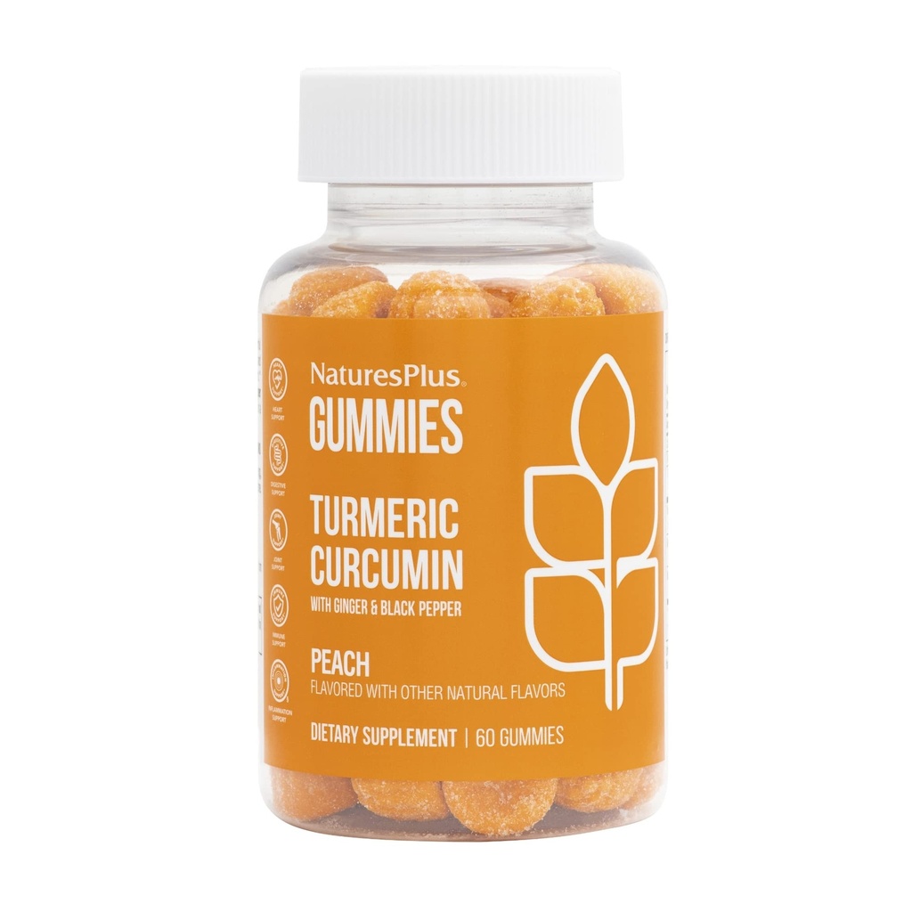 Natures Plus Gummys Turmeric Curcumin - 60 Gummys, Peach - 支持联合,消化和心血管健康 - Vegan, Gluten Free, 非GMO - 30服务