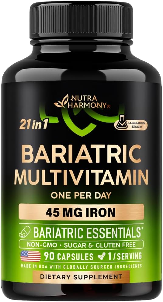 NUTRAHARMONY Bariariatric 多维特敏 - 45 mg 铁补充剂 - 在美国制造 - 用于女性和男性 - All-in-One, 21 基本维生素 - 胃袖支持 - 浅热带火焰 - 90 Capsules
