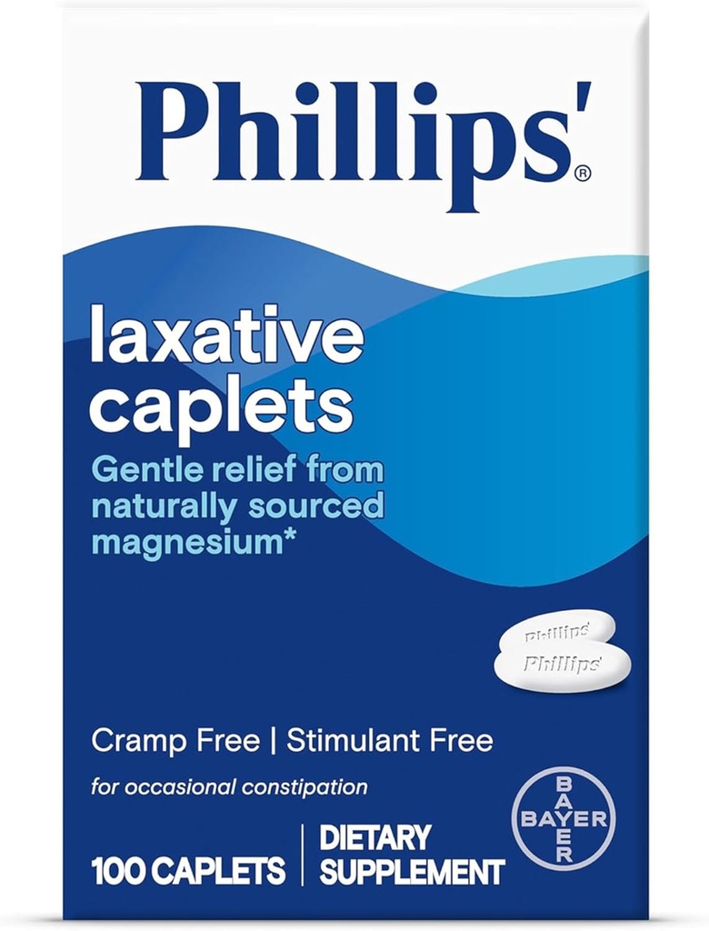 Phillips的Laxative Caplets,配有天然来源的镁补充剂,用于缓解偶发便秘、Cramp和兴奋剂的免费Laxatives,100 Caplets