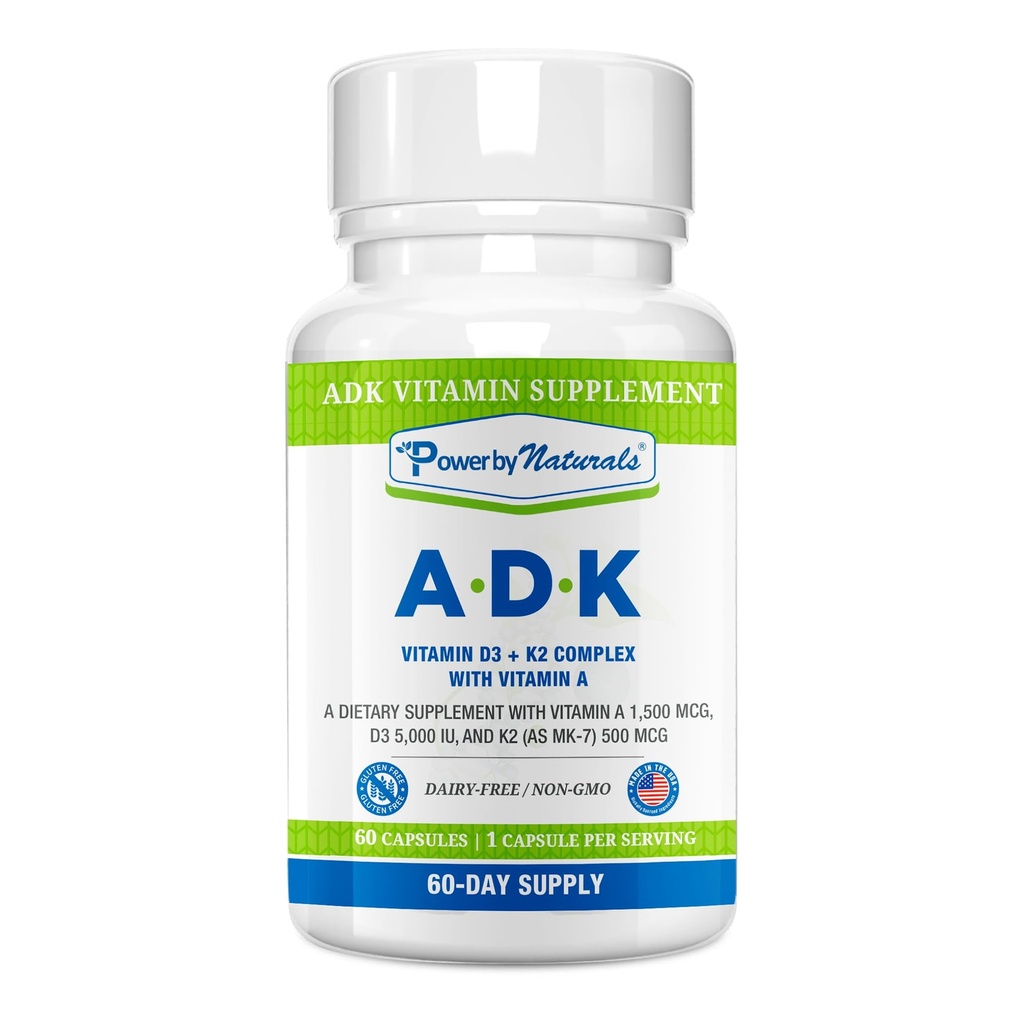 由天然动力ADK维生素补充剂 - VIT A D3 K2维生素5000iu的高概率混合物 - 支持骨骼,心脏和免疫健康 - 60 Capsules(2个月供应)