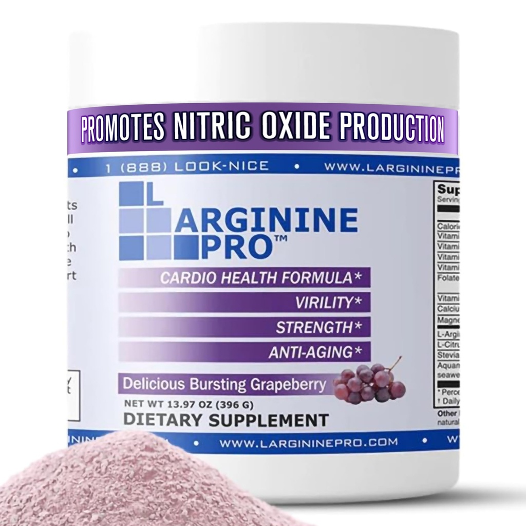 L-Arginine PRO → 5,500 mg L-Arginine Plus L-Citrulline 1,100 mg 葡萄粉饮用混合剂,用于增加硝氧化物生产