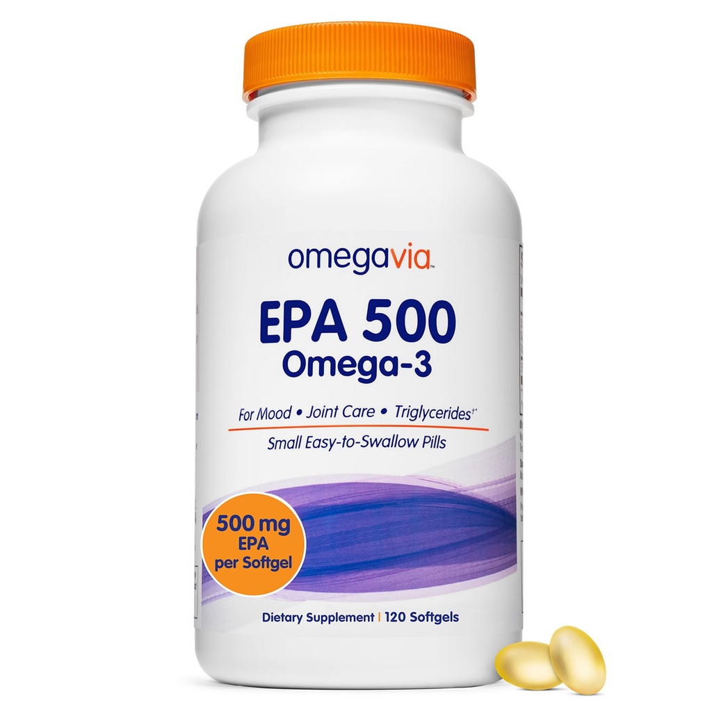 OmegaVia EPA 500、纯化Omega-3鱼油补充品、Triglyceride形式的500毫克EPA、Burpless鱼油、非GMO、无胶质、IFOS 5-Star、120软胶