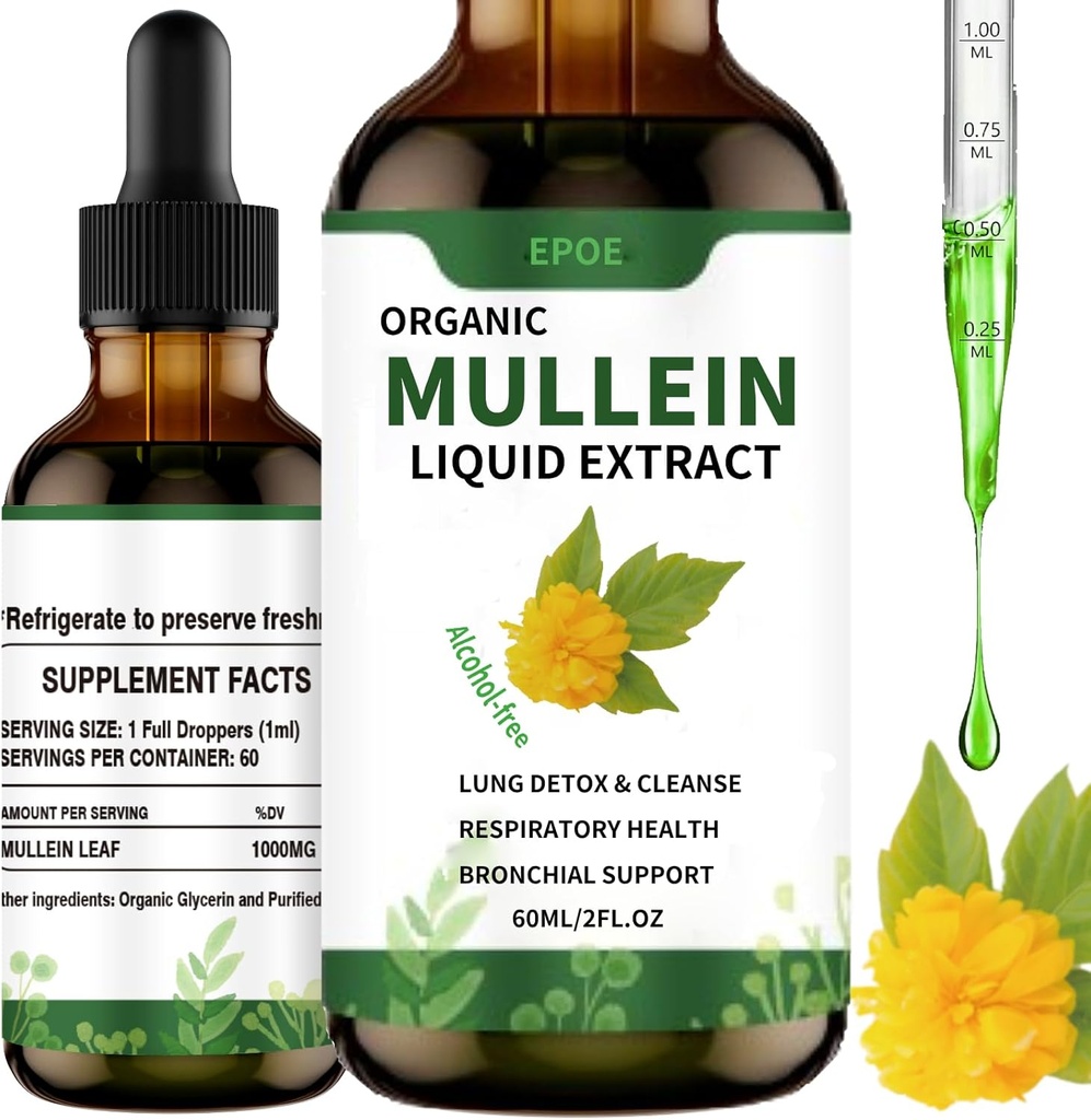 液滴与Mullein叶, Mullein 滴为肺组织呼吸器 无酒精,肺清洁剂与呼吸器健康支持,白色