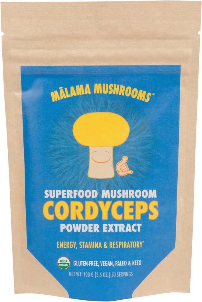 Cordyceps 提取粉末,由Malama制作,有机果实体 Cordyceps 蘑菇粉,超食品适应性,支持能量,耐力和Mood,100种服务