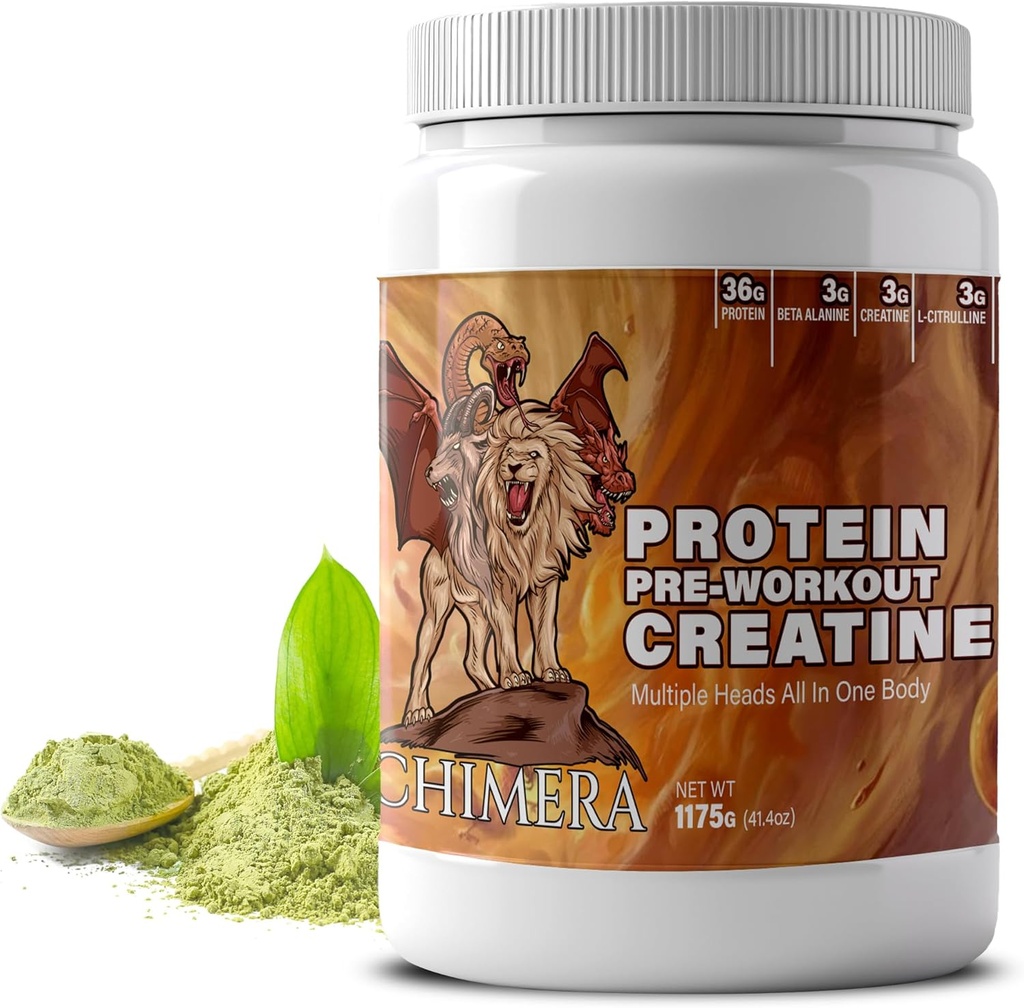 CHIMERA All-in-One蛋白和预研粉 - 36g 蛋白质,3g Creatine,非GMO,无糖,低钠,来自Matcha的天然咖啡因,无人工火焰