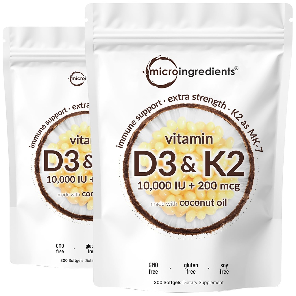 2 Pack Vitamin D3 1000 iu Plus K2(MK-7) 200 mcg,300 Virgin Coconut Oil Softgels → 2 in 1 Vitamins D & K Complex → 支持钙吸收,骨头,Immune, & Heart Health – 容易吞咽