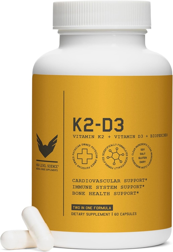 高级K2D3,维生素K2 & D3 配有生物牡蛎黑辣椒,心脏双行动复合体,骨,免疫支持,5000 IU D3,100 mcg K2,蔬菜,60 Veggie Capsules