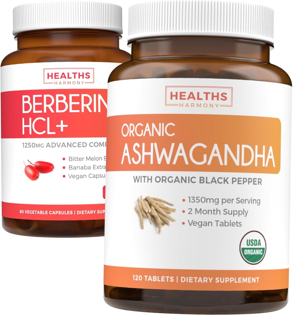 省下4美元(11 % Off) - 购买有机Ashwagandha & Berberine HCL+ - 自然协同Duo - Berberine (60 Capsules) - 有机Ashwagandha根粉 1350mg 服务(120片) 天然肾上腺帮助