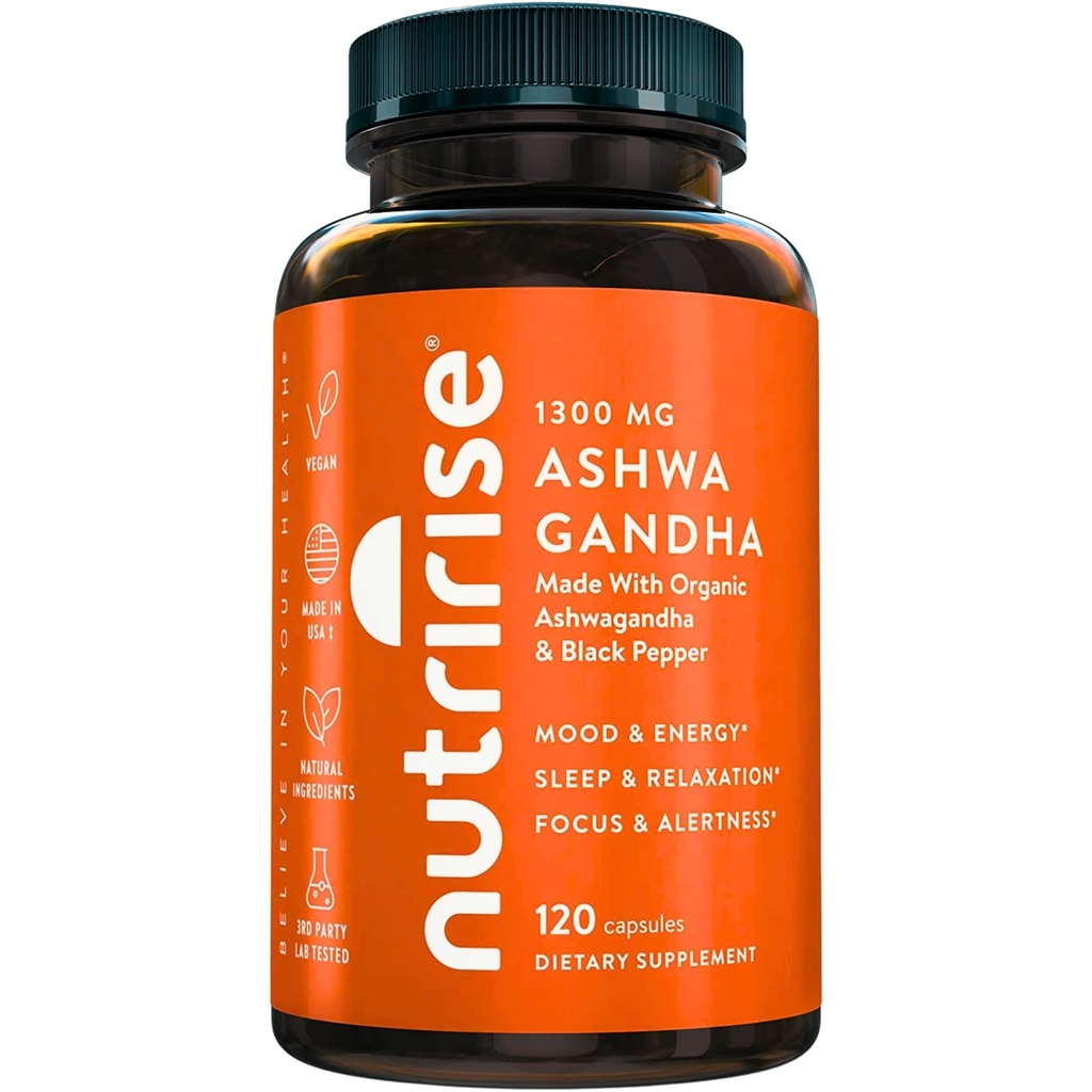 NutriRise Organdha Root Capsules with Black Pepper, 1300mg, 自然压力和Mood, 甲状腺, 以及Immune支助补编, Clarity, Focus & Energy, Gluten Free, 120 Counter