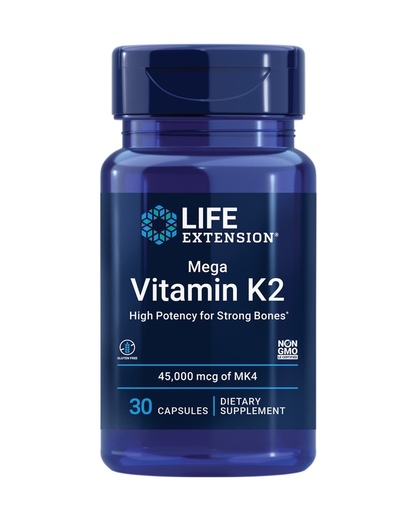 生命延展 大型维生素K2 强骨高活性,临床研究45 mg K2剂量,促进健康骨密度,无粘液,非GMO,30卡普尔