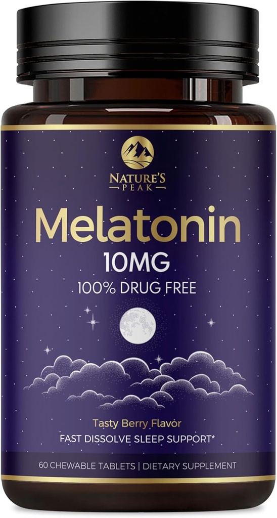 Melatonin 10mg快速溶解补充剂,成人睡眠支持补充剂 - 额外力量 10 mg Melatonin 平板剂用于休息支持,草莓火焰,无糖非GMO - 60天供应