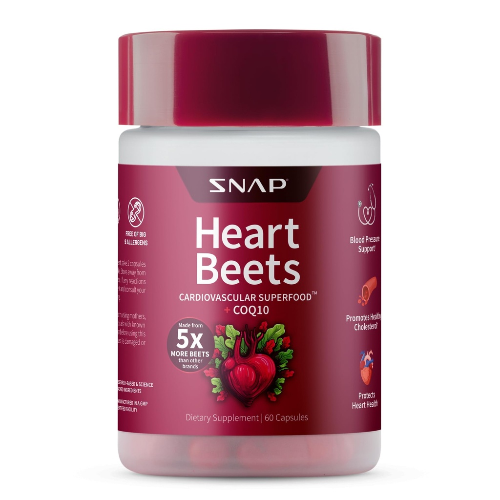 配有CoQ10的Snap Supples Heart Beets Capsules、男女心血管支持补充、配有5X More Beets的超级食品制造、心脏健康、循环和胆固醇支持、60个Capsules
