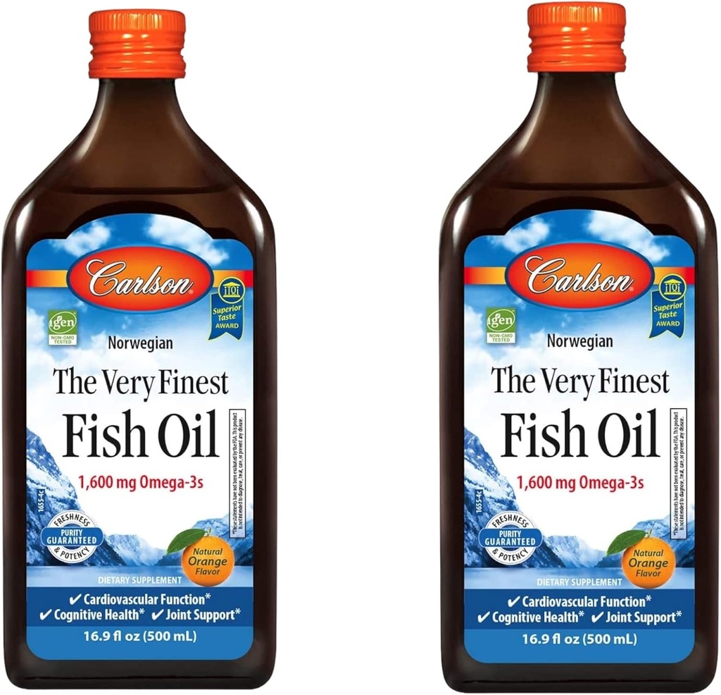 Carlson - The Very Fined Fish Oil, 1600 mg Omega-3s,液态鱼油补充剂,挪威鱼油,野生捕食,可持续来源的鱼油液体,Orange,16.91 Fl Oz(包2)