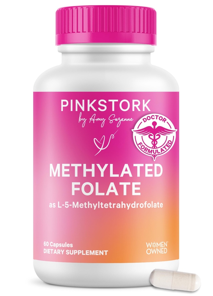 Pink Stork Folate:甲基Folate - MTHFR酸,孕期叶酸的自然形式,为母亲+婴儿配制,女性拥有,60个卡普尔(包装5月Vary)