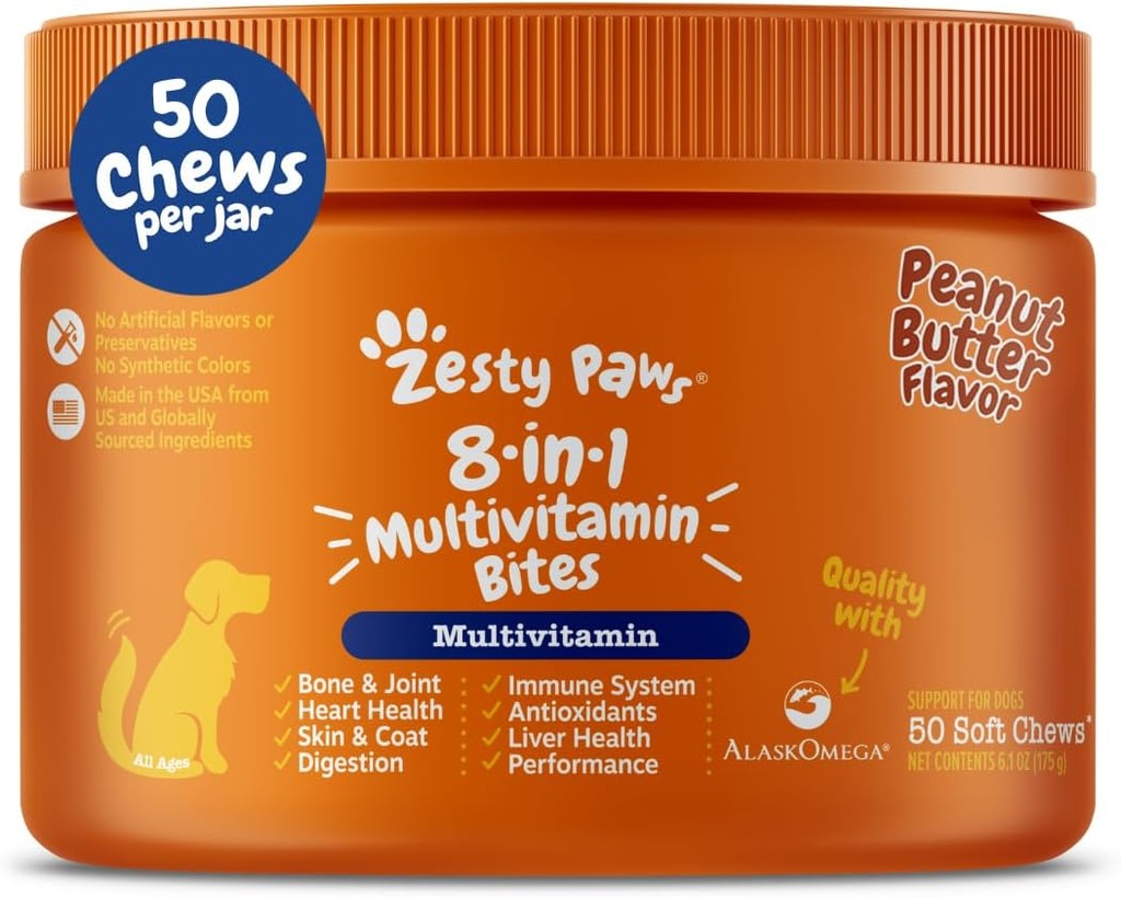 Zesty Paws Dog 多维他命、可嚼的狗维生素和Hip & Joints、Skin & Coat、Omega 3鱼油换狗 - 高级和小狗 多维他命 - 花生酱 - 50厘米